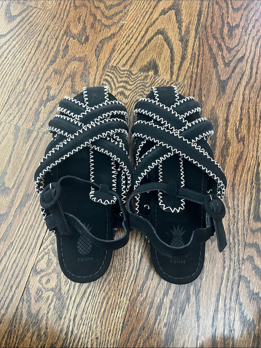 FARM Rio Black Sandals with Contrast White Zigzag Stitching
